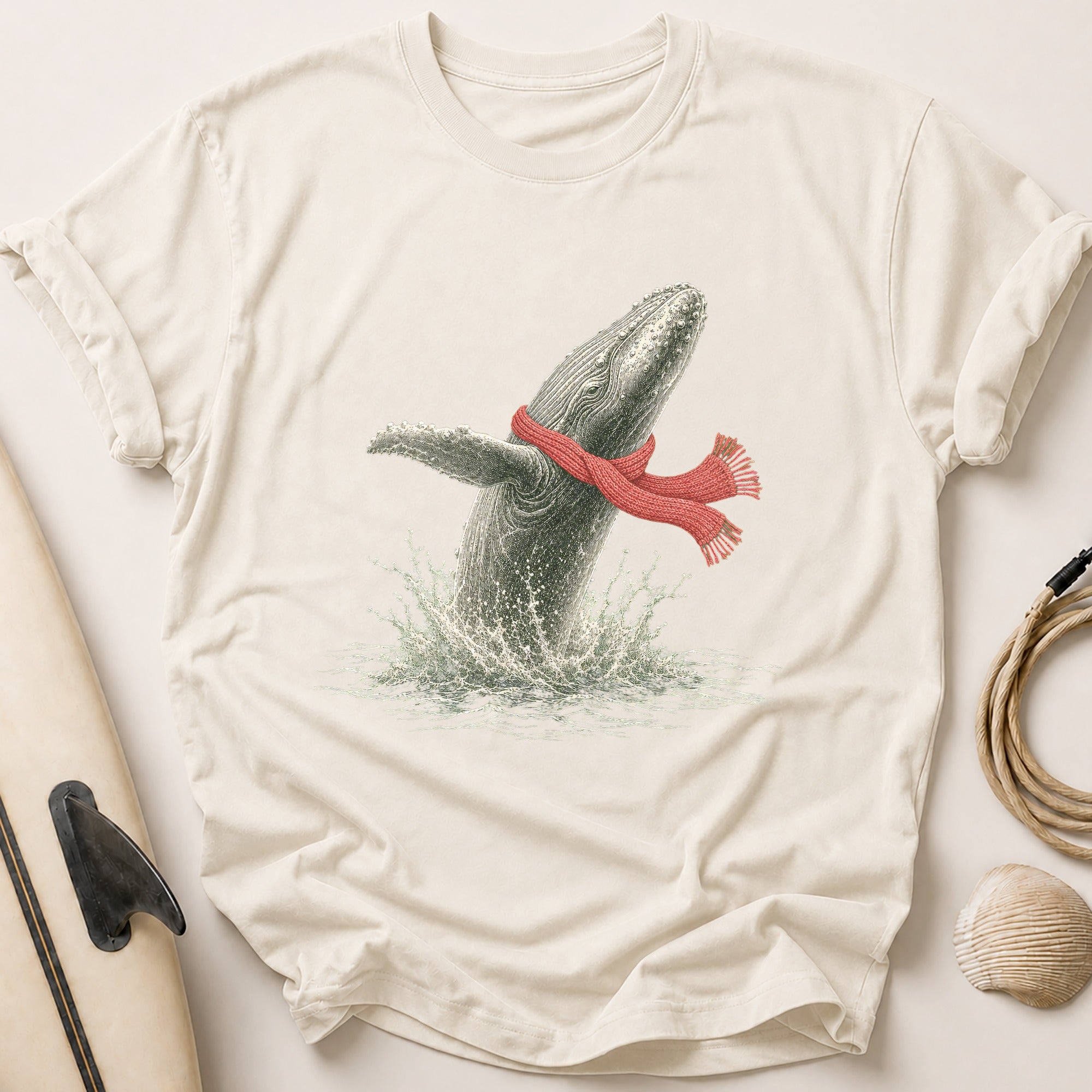 Whale In Red Scarf Tee - Stone
