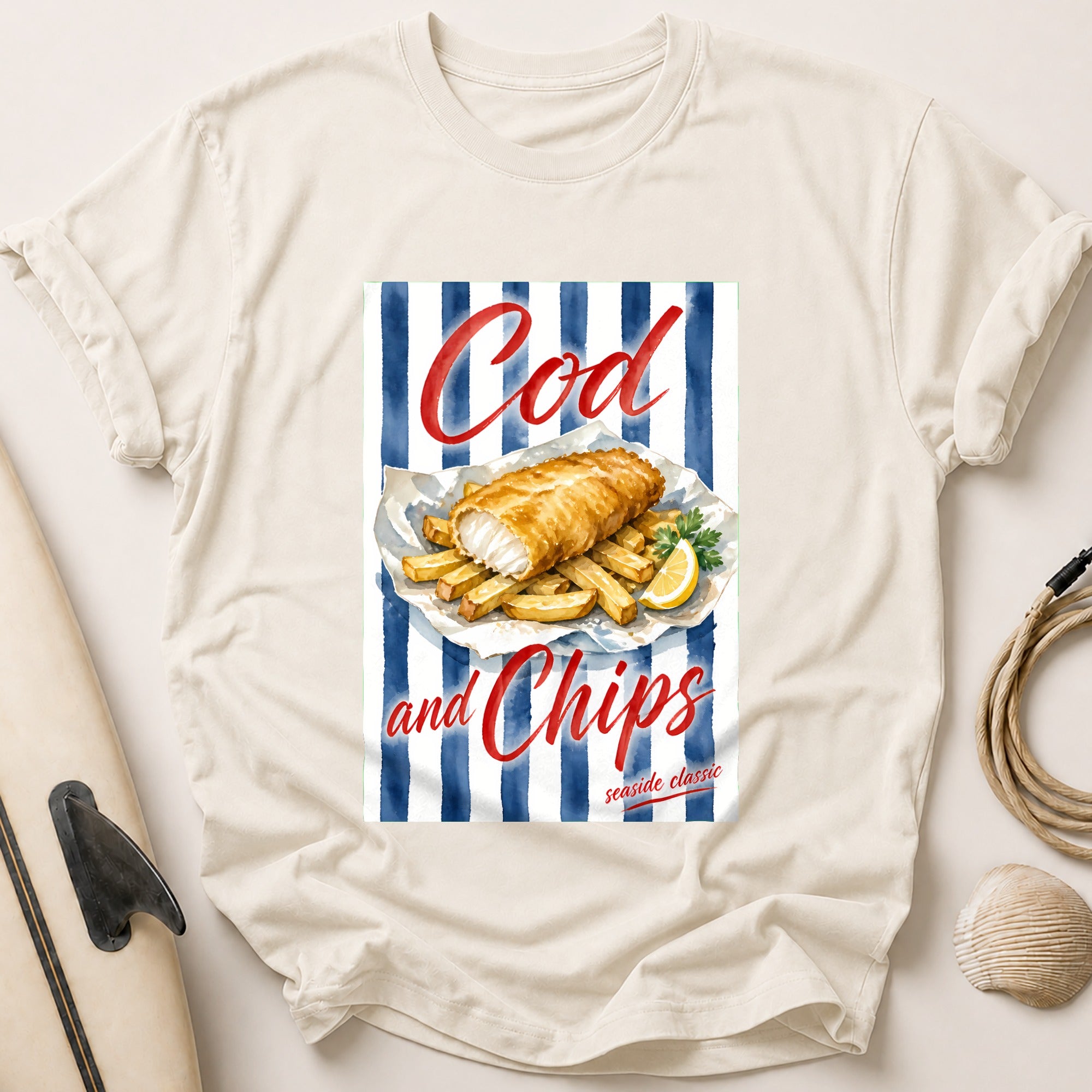 Cod and Chips Seaside Classic Fish Food Tee - Stone