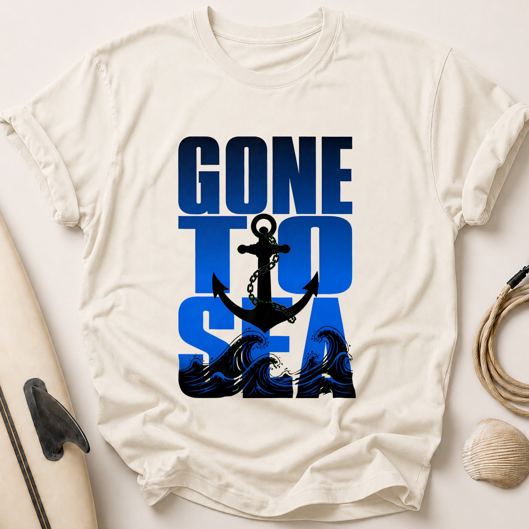 Gone Fishing Anchor Waves Nautical Tee - Stone