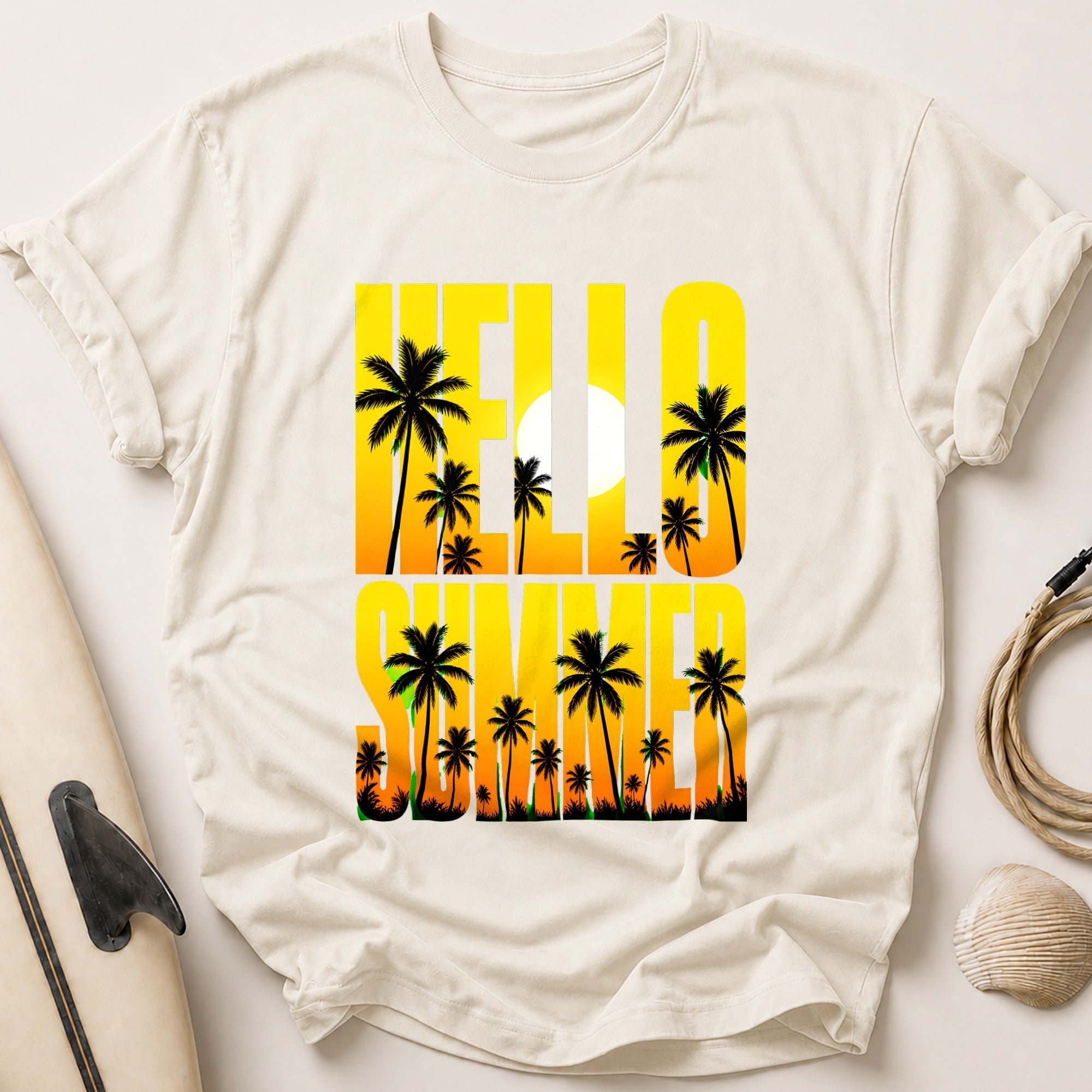 Hello Summer Palm Trees Tropical Tee - Stone