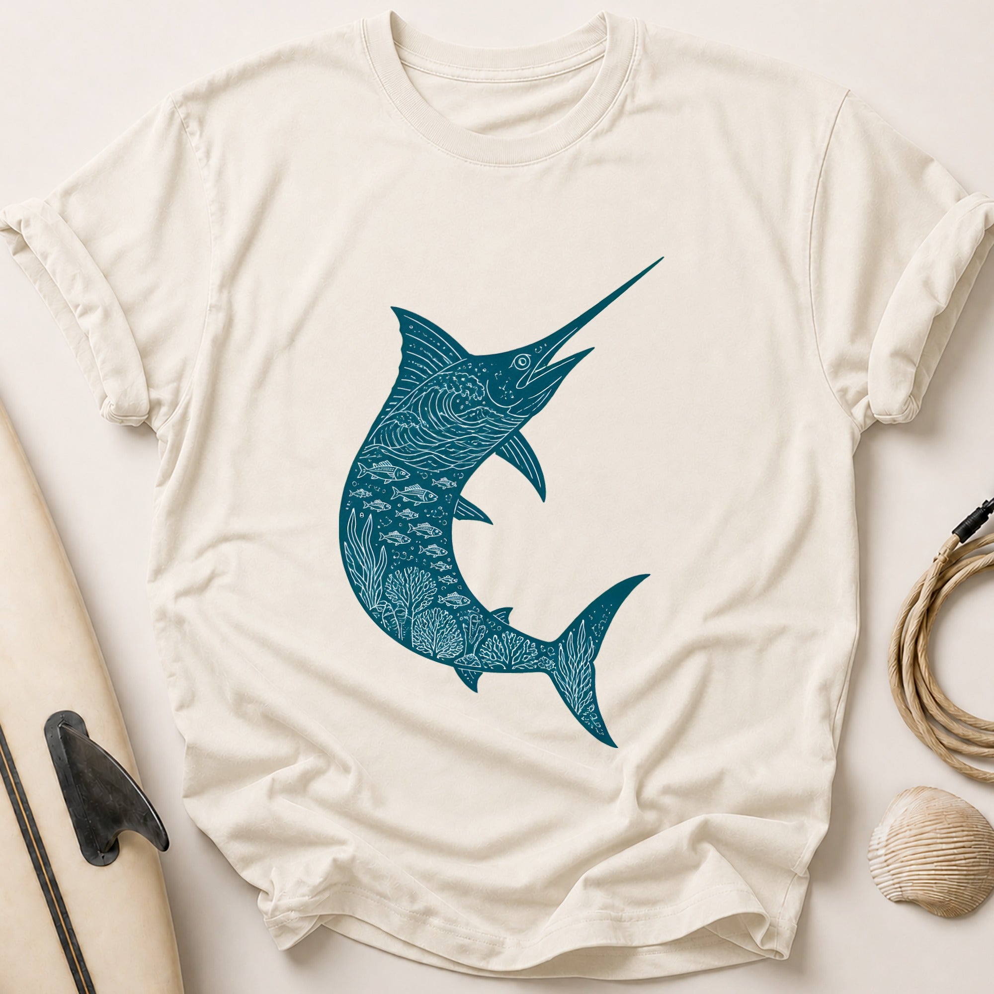 Marlin Fishing Ocean Angler Tee - Stone