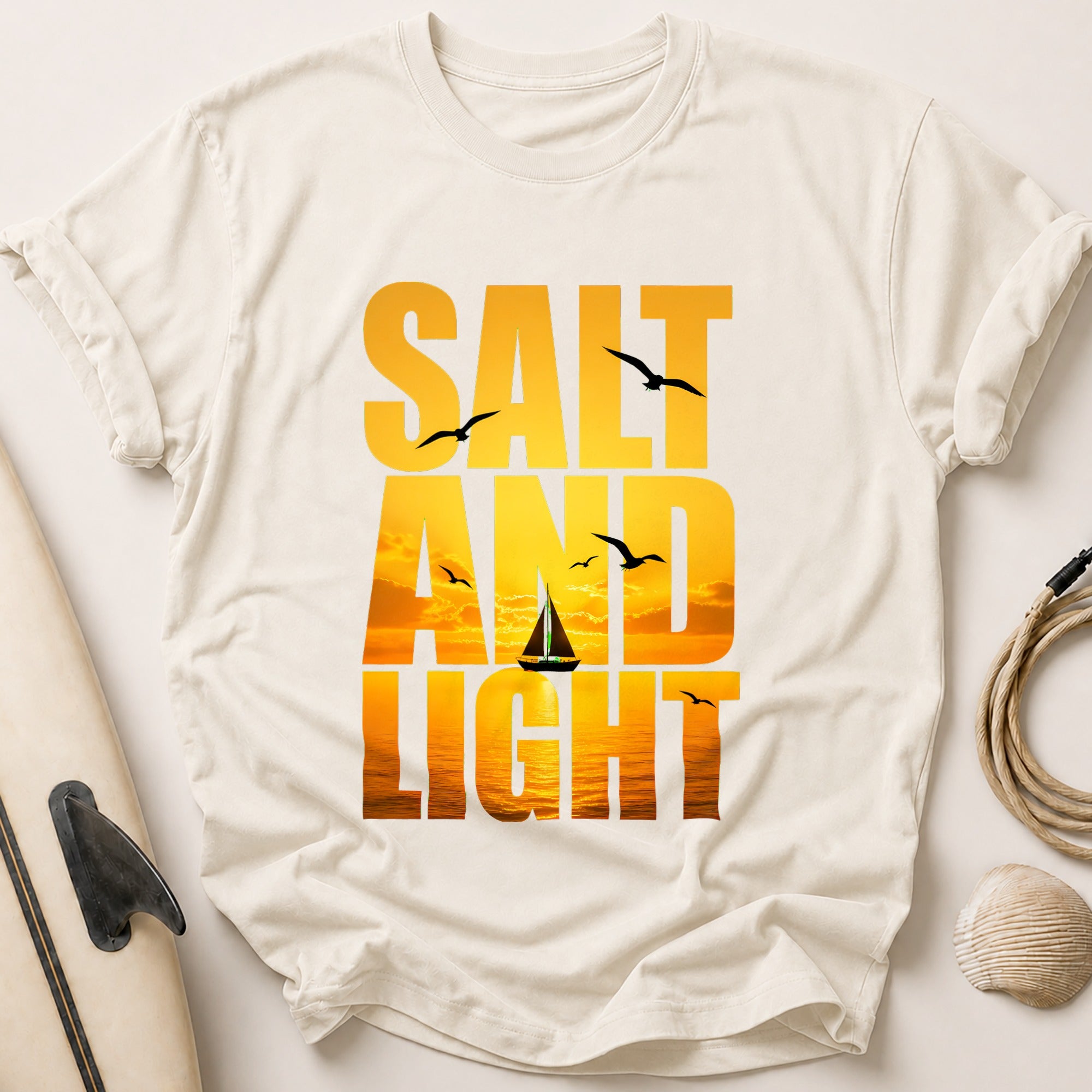 Salt and Light Sailboat Ocean Sunset Tee - Stone