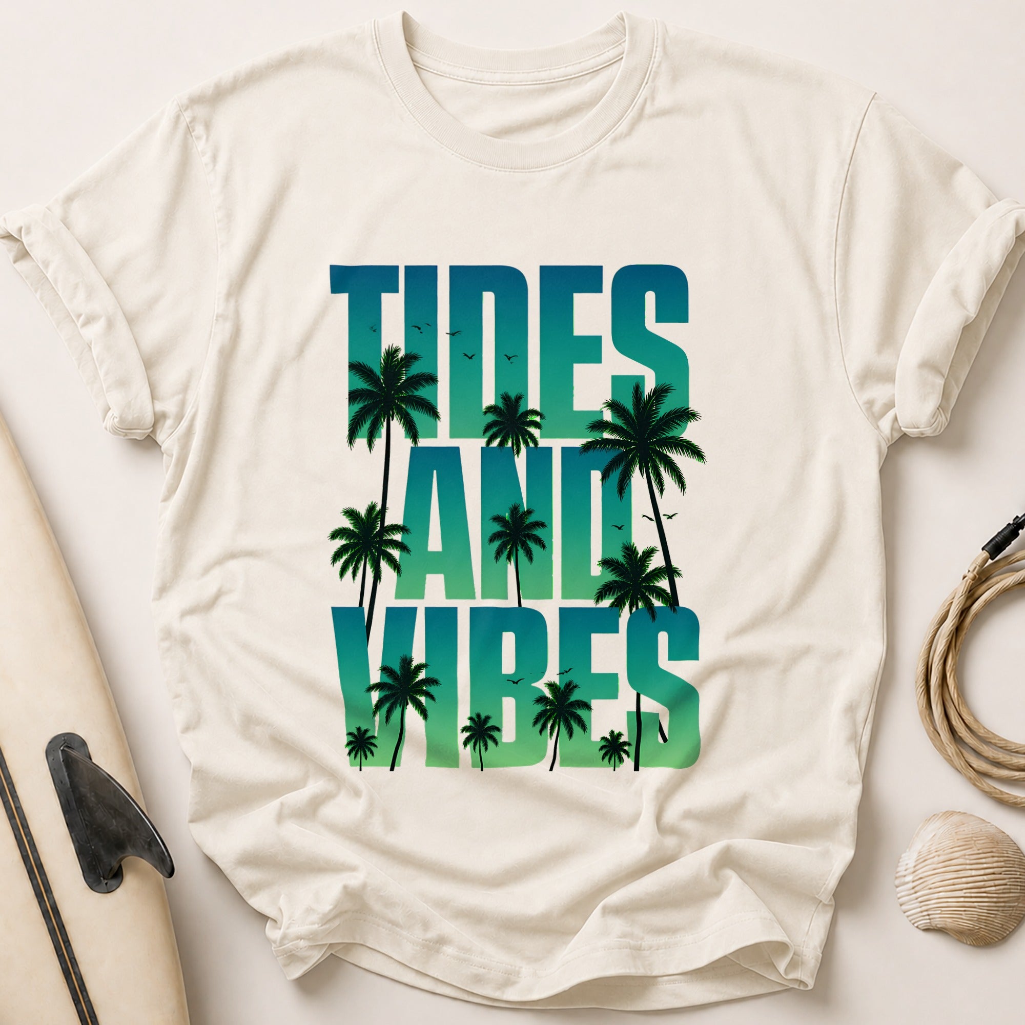 Tides and Vibes Tropical Beach Funny Tee - Stone