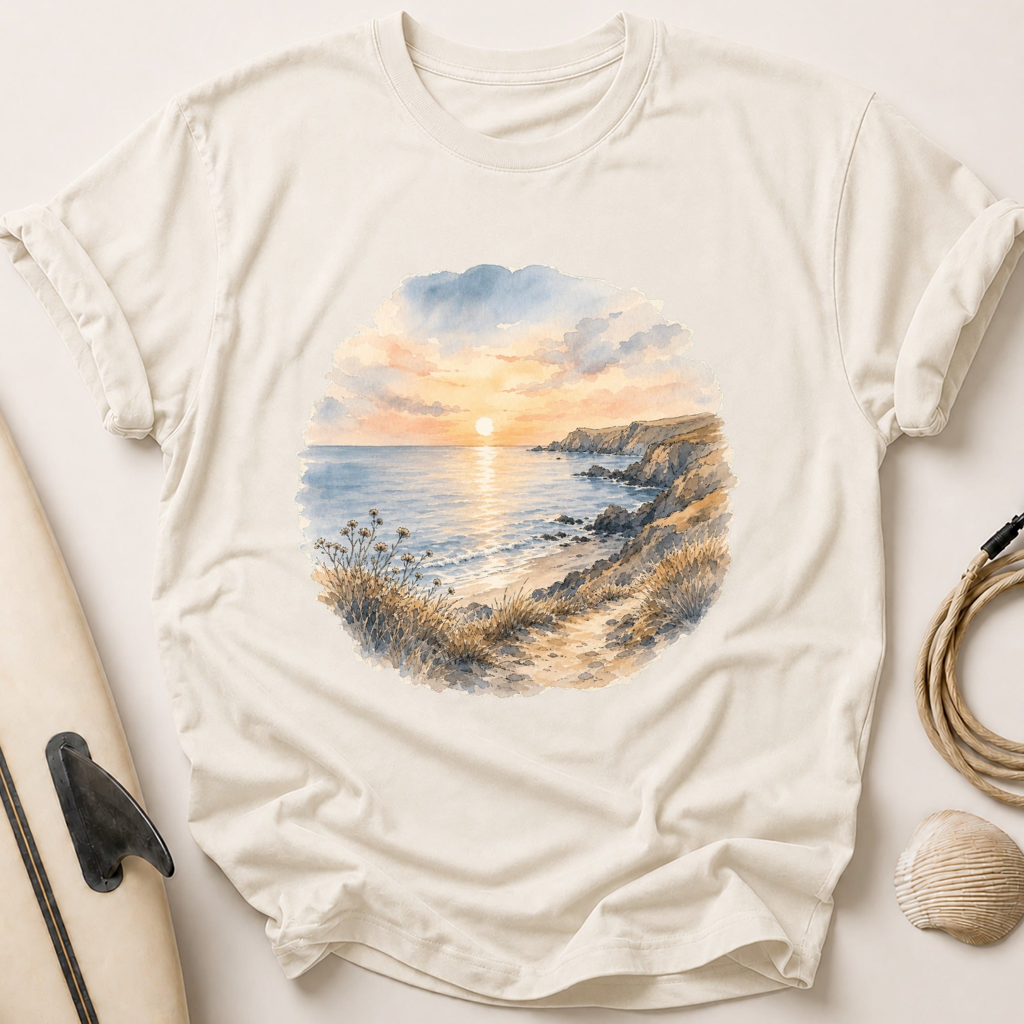 Watercolour Sunset Sea Tee - Stone