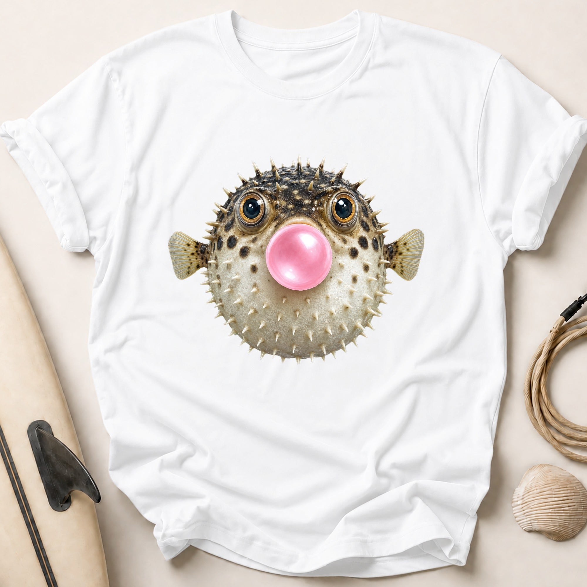 Bubble Blowing Pufferfish Tee - White