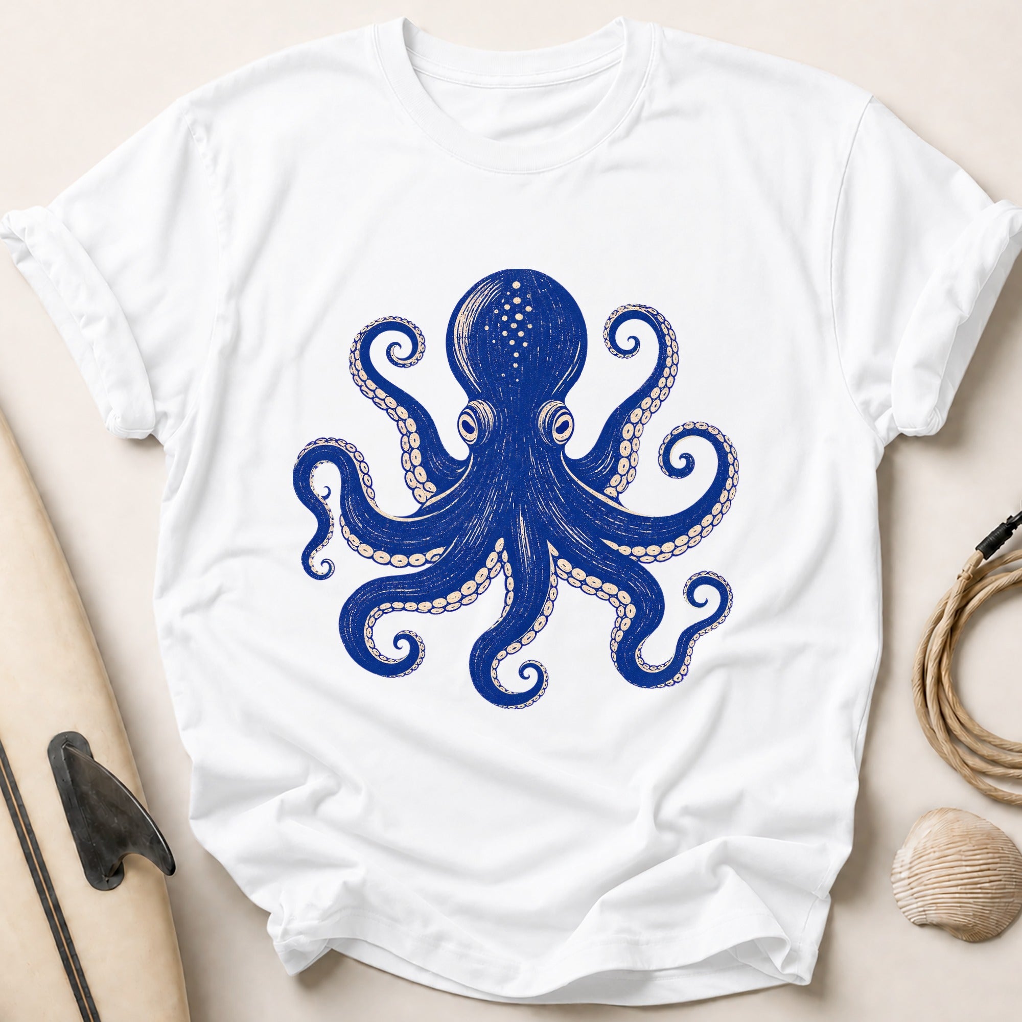 Deep Blue Octopus Tee - White