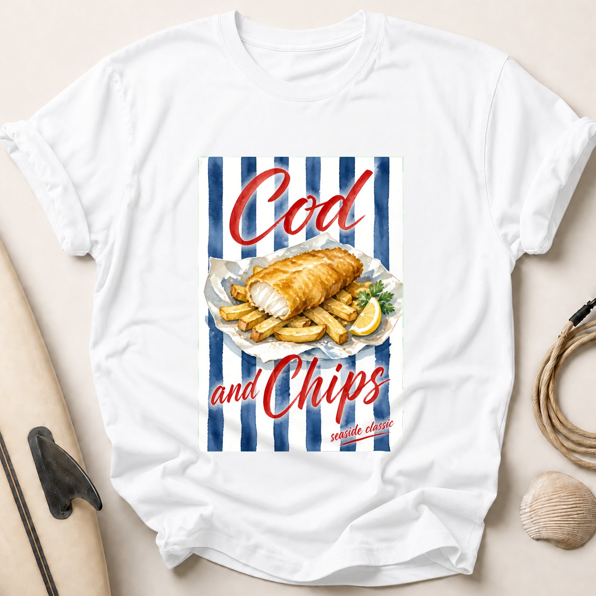 Cod and Chips Seaside Classic Fish Food Tee - White