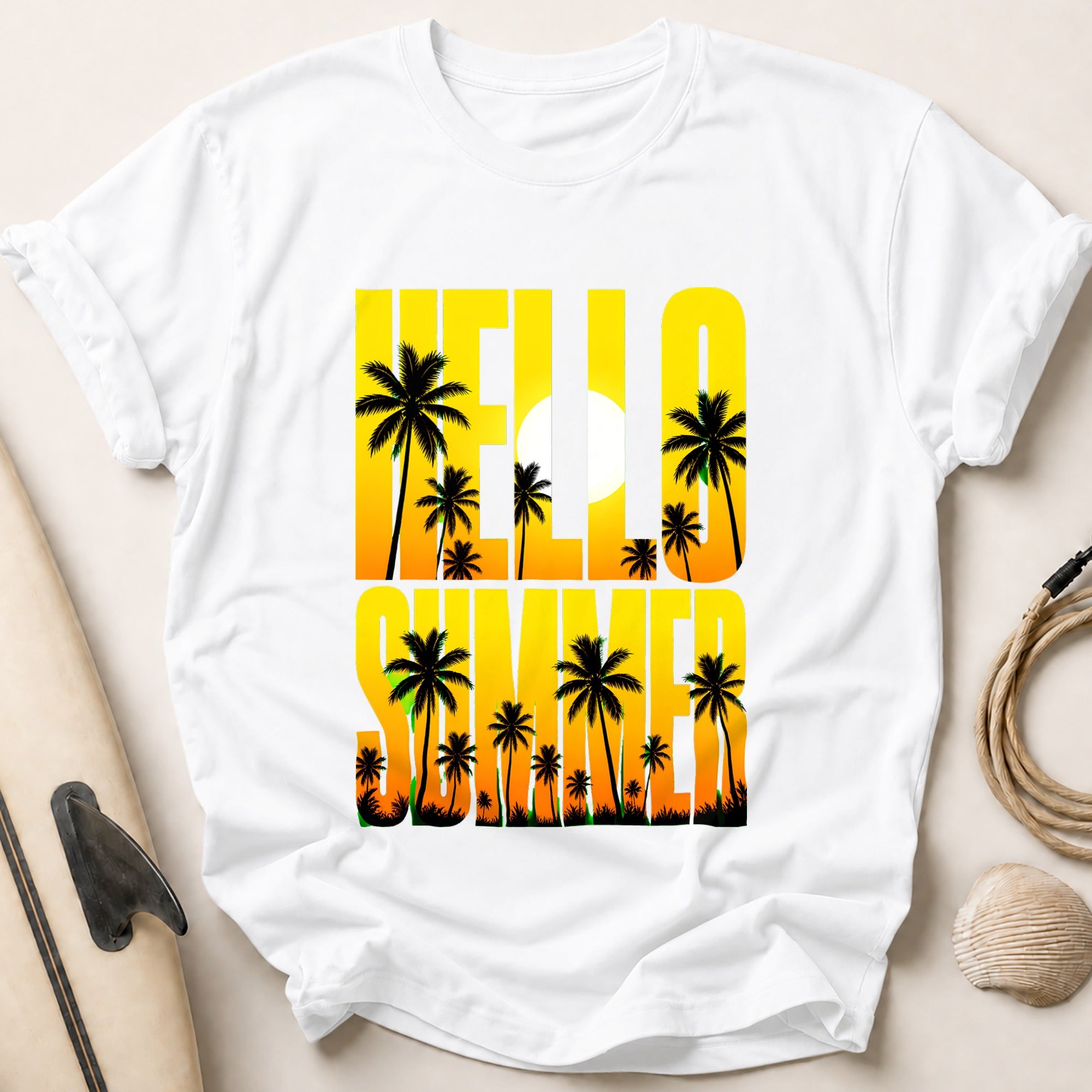 Hello Summer Palm Trees Tropical Tee - White