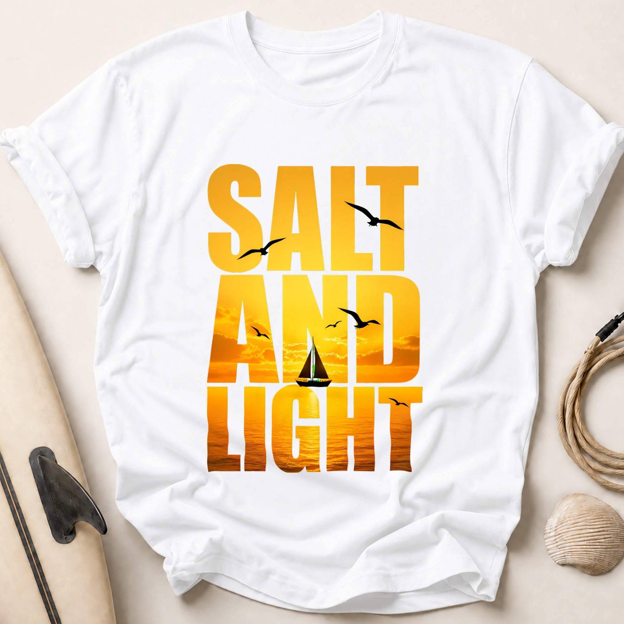 Salt and Light Sailboat Ocean Sunset Tee - White