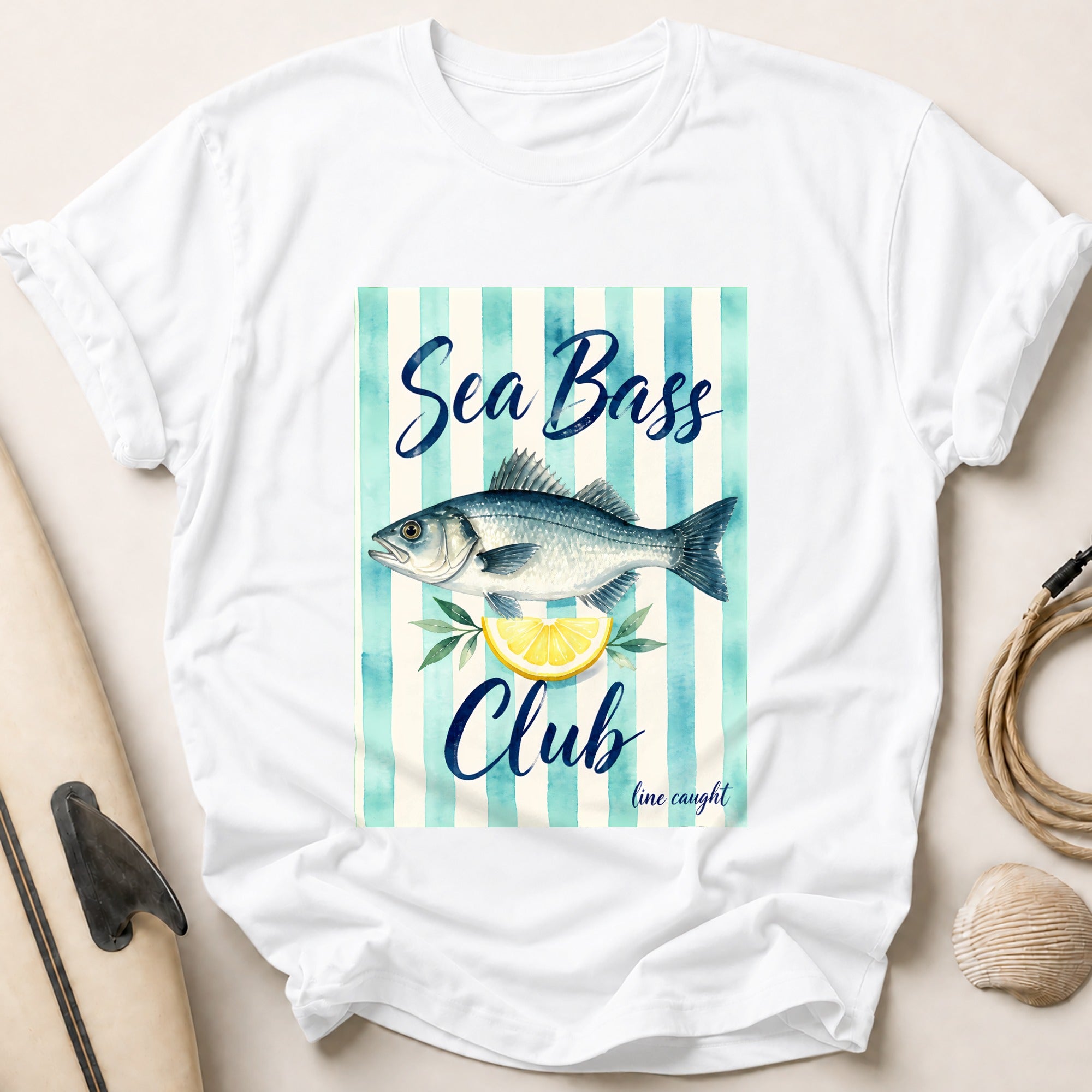 Sea Bass Club Line Caught Fishing Lemon Tee - White