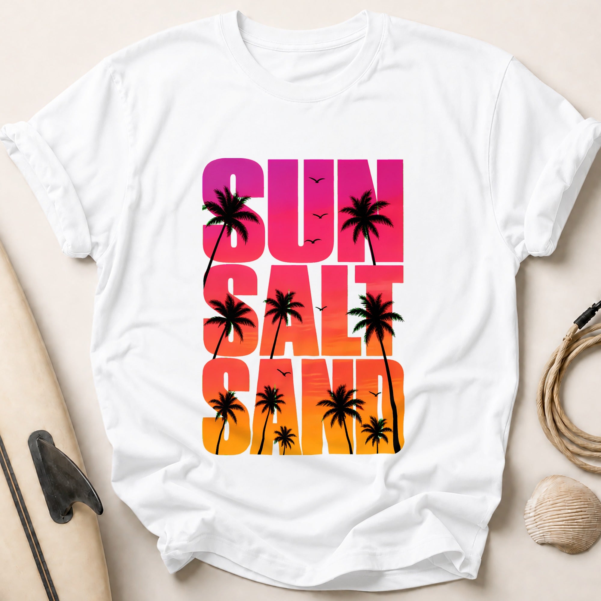 Sun and Palm Trees Retro Beach Vacation Funny Tee - White