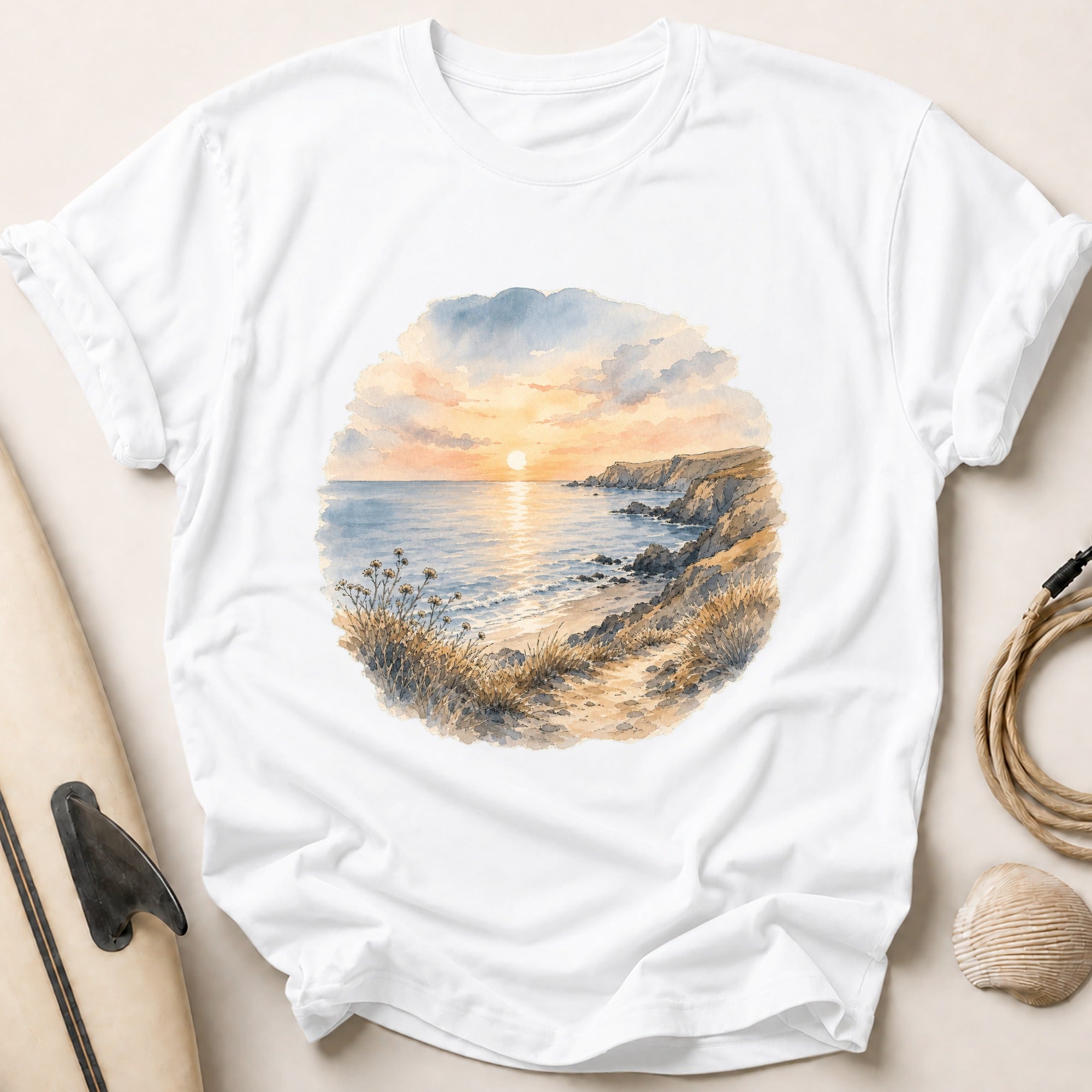 Watercolour Sunset Sea Tee - White